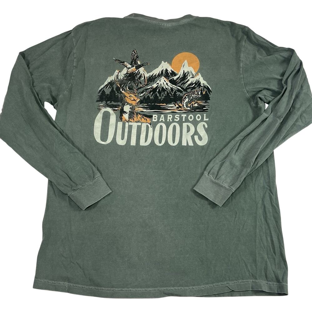 Barstool Sports Outdoors T Shirt Mens Size L Green Faded Long Sleeve Graphic Tee